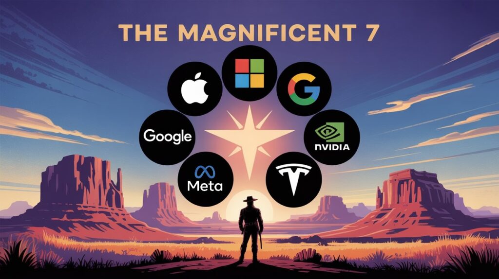 Logos of Apple, Microsoft, Alphabet, Amazon, Nvidia, Meta, and Tesla—the Magnificent 7 tech stocks giants